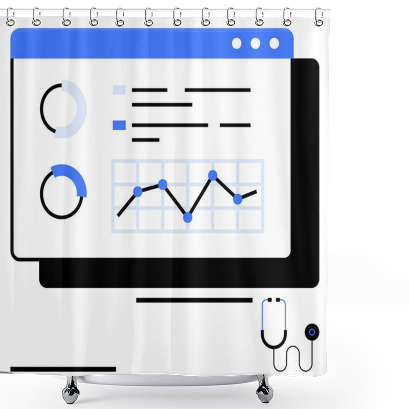 Personality  Digital Healthcare Dashboard Displaying Circular Diagrams, Line Graphs, And Analysis Charts. Stethoscope Symbolizes Medical Context. Ideal For Health Tech, Diagnostics, Medical Data, Telemedicine Shower Curtains