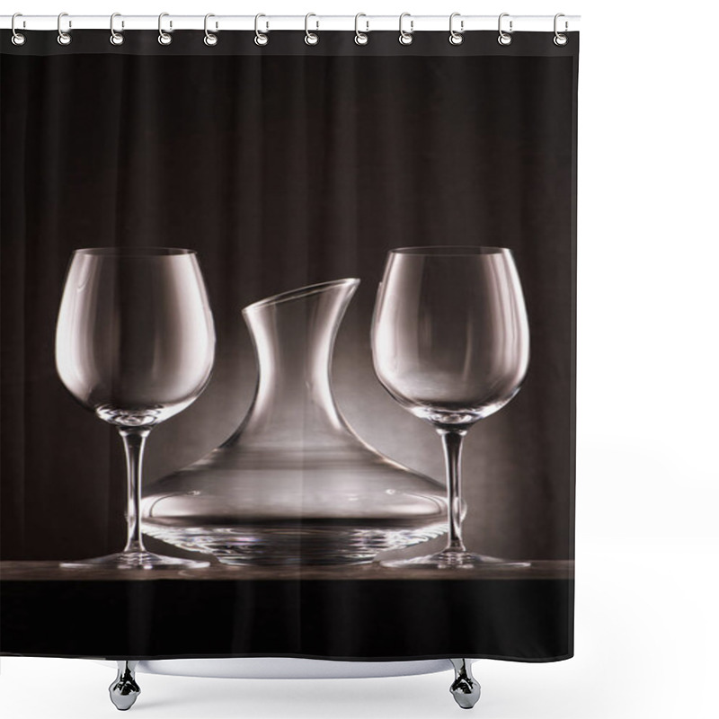 Personality  Empty Decanter Between Two Wineglasses On Black Shower Curtains