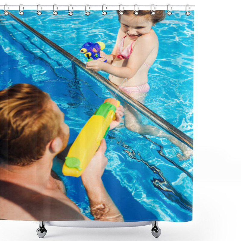 Personality  Happy Father And Daughter Playing With Water Guns In Swimming Pool Shower Curtains