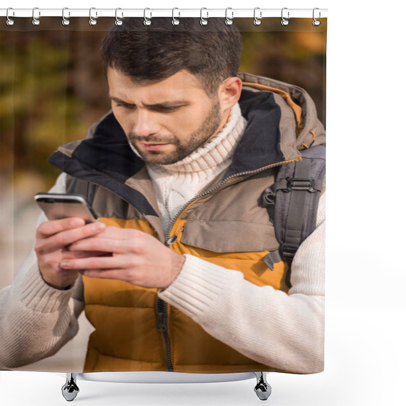 Personality  Thoughtful Young Man Looking At Smartphone  Shower Curtains