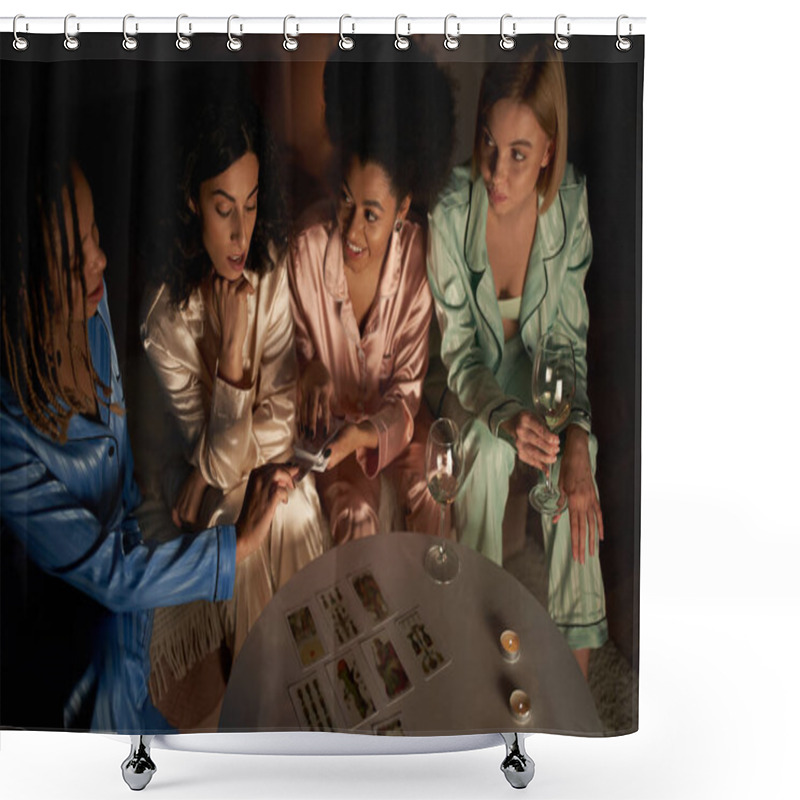 Personality  Overhead View Of African American Woman In Pajama Holding Tarot Cards Near Multiethnic Girlfriends With Wine Near Candles On Table During Girls Night At Home, Bonding Time In Comfortable Sleepwear Shower Curtains