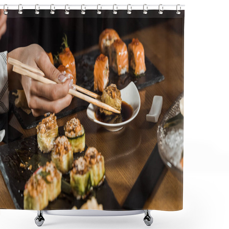 Personality  Partial View Of Woman Dipping Sushi In Soy Sauce With Chopsticks Shower Curtains