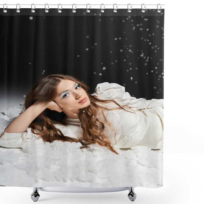 Personality  A Young Woman Lies Back In A Dreamy Setting Surrounded By Soft Clouds And Delicate Snowfall. Shower Curtains