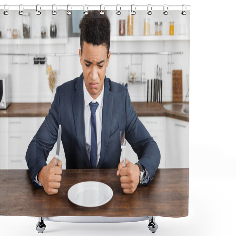 Personality  Frustrated African American Man Holding Cutlery And Looking At Empty Plate Shower Curtains