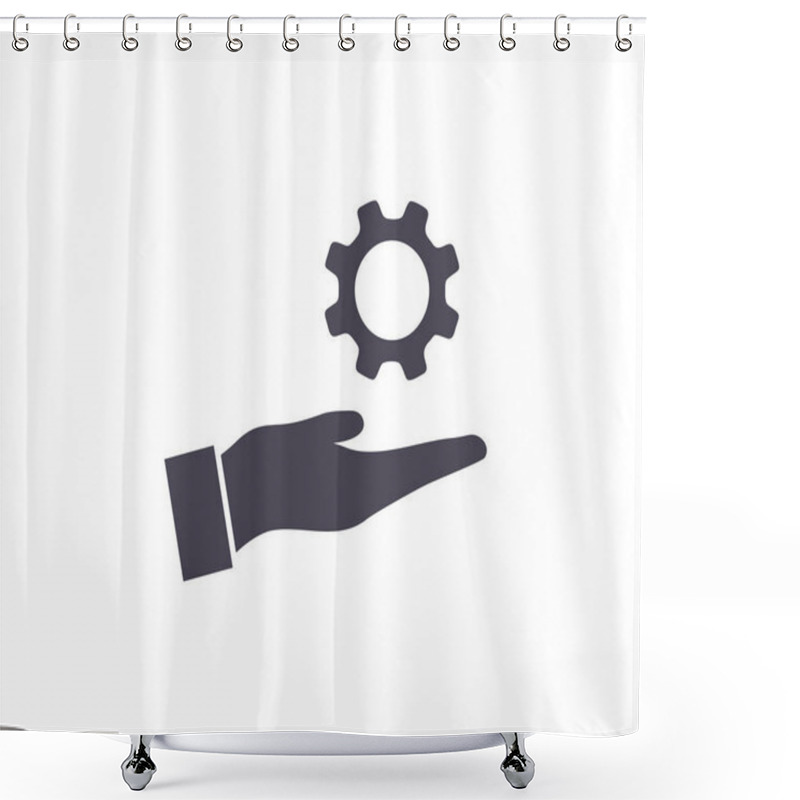 Personality  Hand Holding Gear, Engineer Symbol Logo Design. Development Cogwheel Symbol. Quality Design Element. Employee Hands Vector Design And Illustration. Shower Curtains