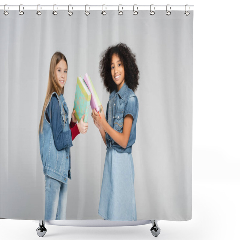 Personality  Smiling Schoolchildren Looking At Camera While Holding Books Isolated On Grey Shower Curtains