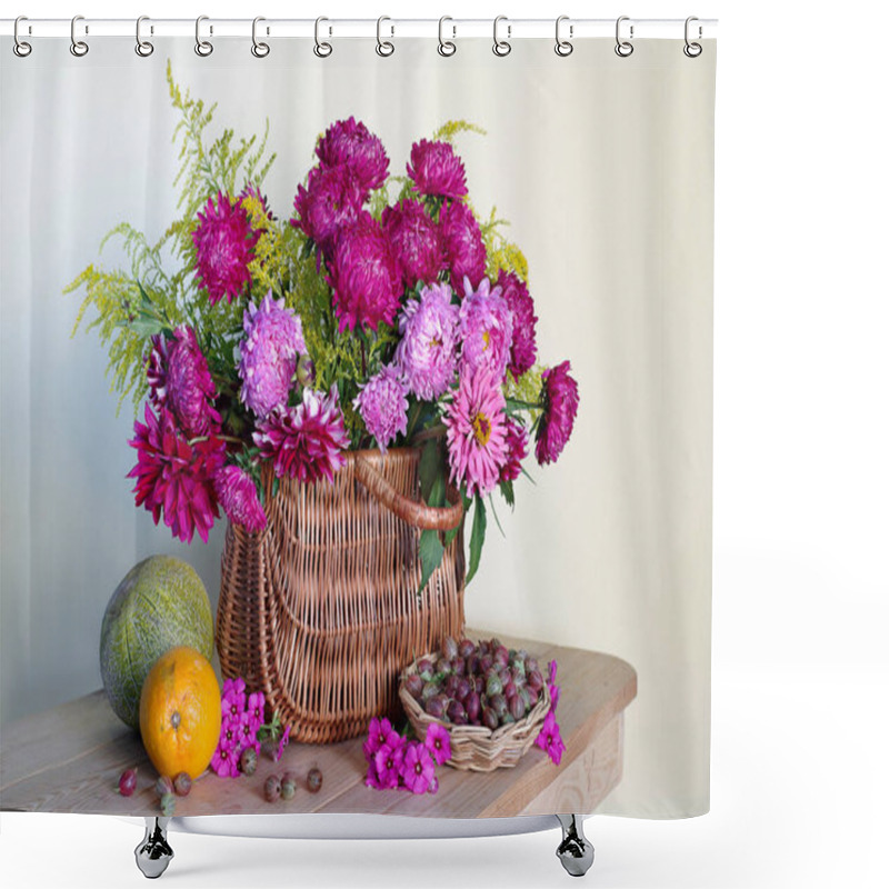 Personality  Still Life With Asters In A Basket On A White Background. Shower Curtains