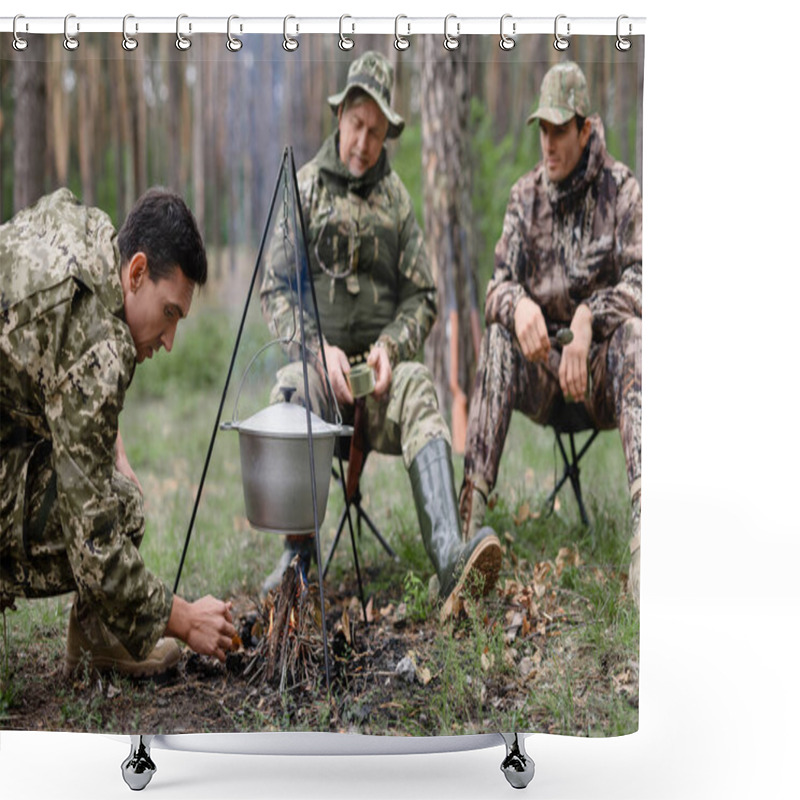 Personality  Hunter Sets Fire In Forest Cooking Bonfire Food. Shower Curtains