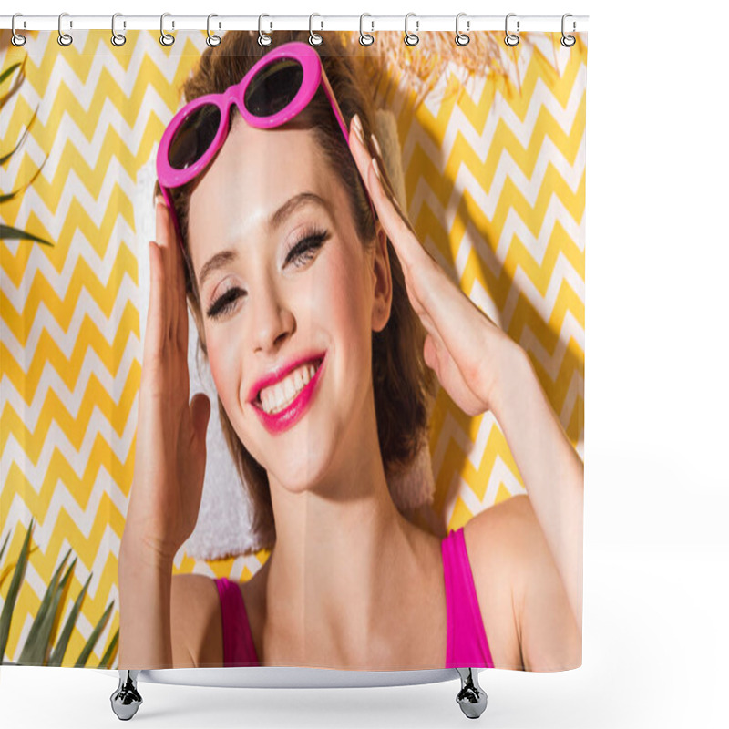 Personality  Top View Of Stunning Girl In Pink Sunglasses Laughing While Lying On Zigzag Surface Shower Curtains