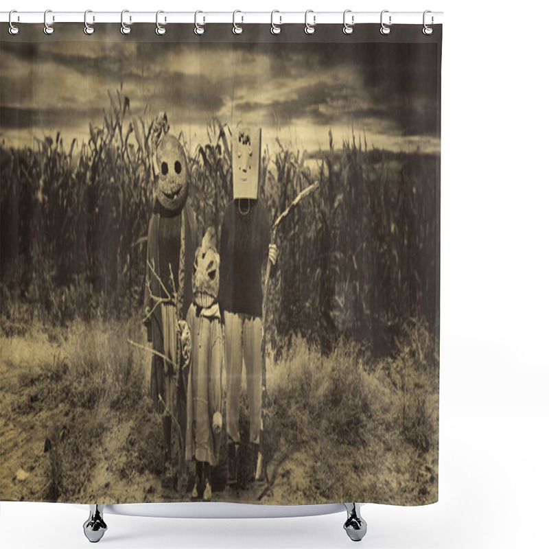 Personality  Three Figures In Creepy Terrifying Masks And Rustic Costumes Standing In Field Against Gloomy Sky. Horror Vibes. Mysterious Family. Concept Of Halloween, Creepy Season, Retro Style Shower Curtains