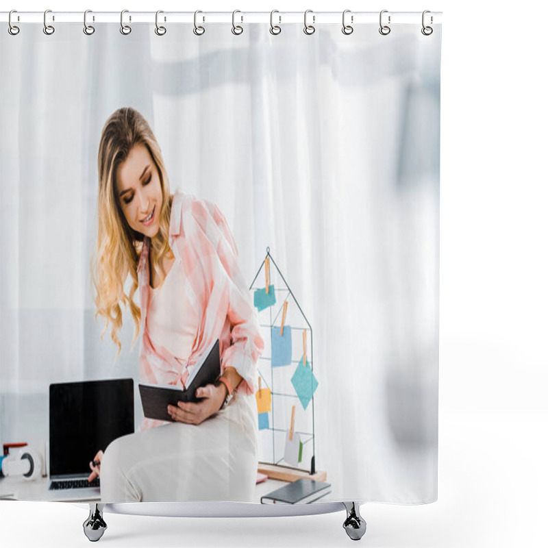 Personality  Charming Curly Woman Using Laptop And Reading Notes At Workplace Shower Curtains