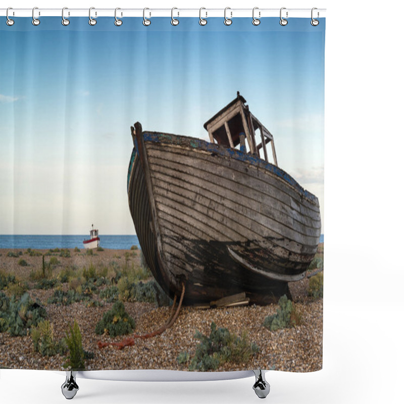 Personality  Abandoned Fishing Boat On Beach Landscape At Sunset Shower Curtains