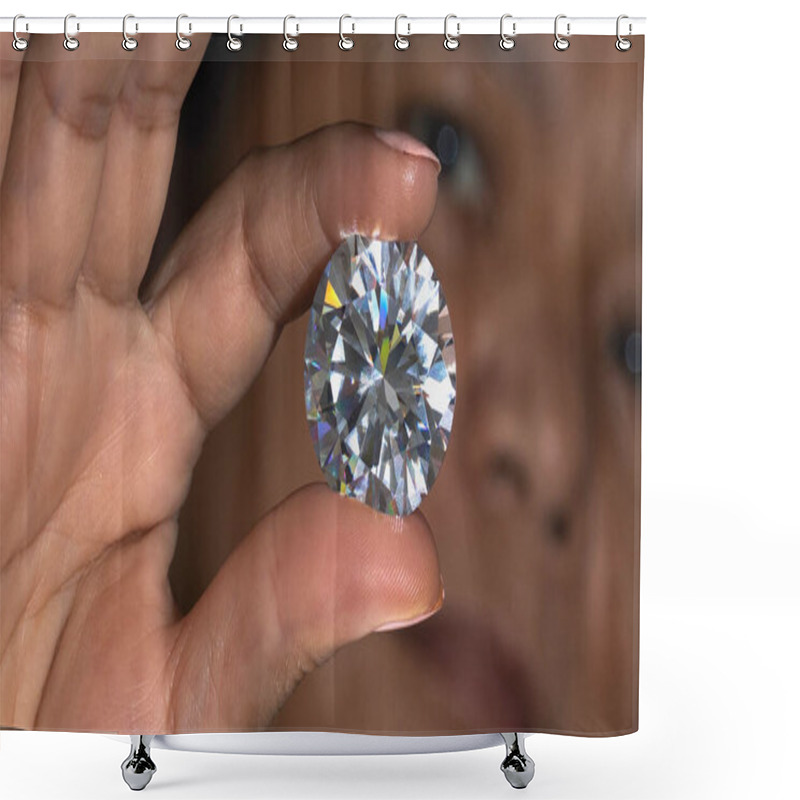 Personality  Close Up Face Of Asian Woman Watching At Round Cut Large Size Diamond. Big Size Polished Brilliant In Hand Closeup View. Luxury Gem Stone. Shower Curtains