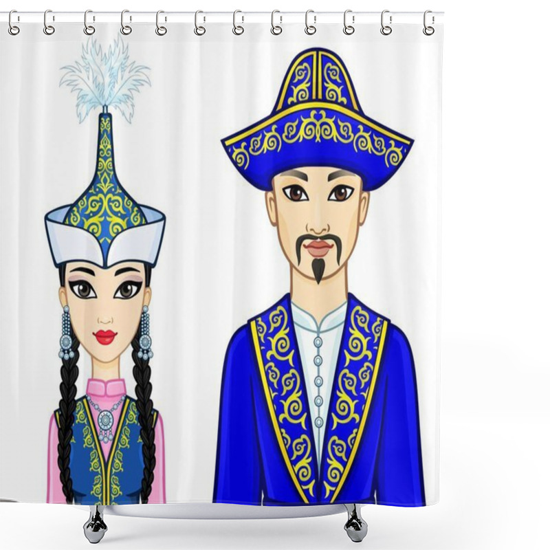 Personality  Animation  Portrait Of  Asian Family In A National Hat And Clothes. Central Asia. Vector Illustration Isolated On A White Background. Shower Curtains