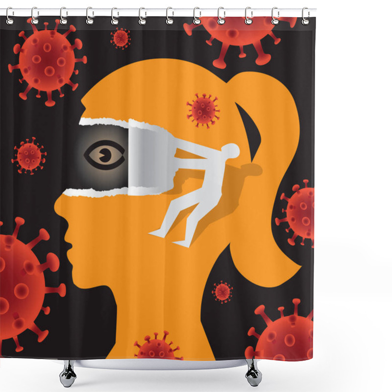 Personality  Open Your Eyes, Underestimating Risk During A Pandemic Concept.Illustration Of Female Stylized Head In Profile And Male Silhouette Ripping Paper And Uncovering Eye. Vector Available. Shower Curtains