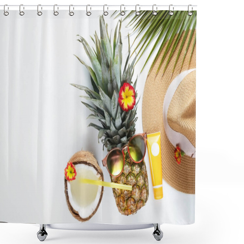 Personality  Exotic Top View Composition With Items Symbolizing Summer Mood. Shower Curtains