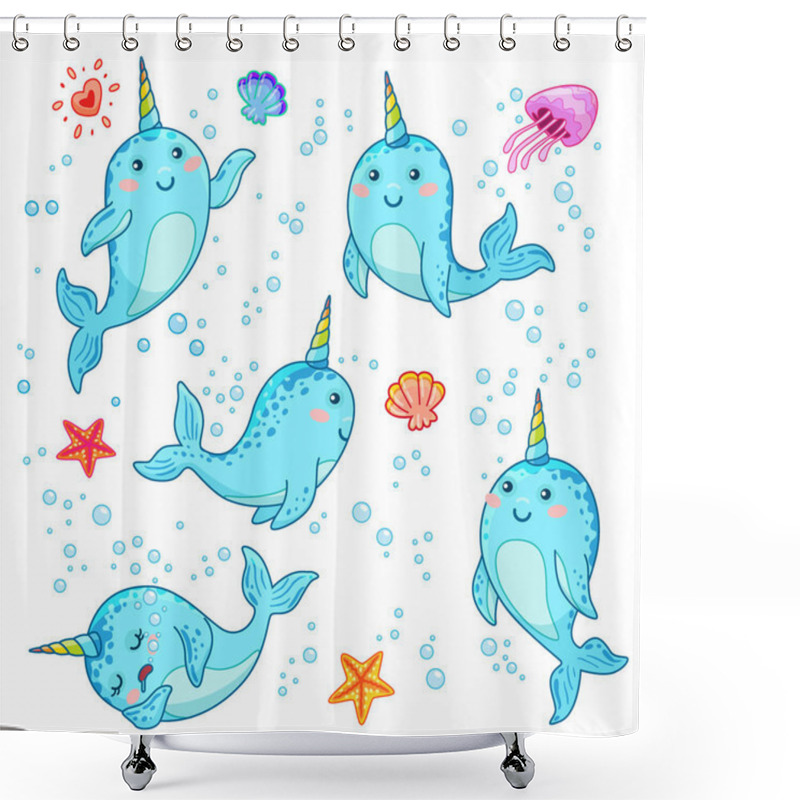 Personality  Cute Cartoon Kawaii Narwhals With Rainbow Horn, Sea Unicorn Cute Illustration Shower Curtains