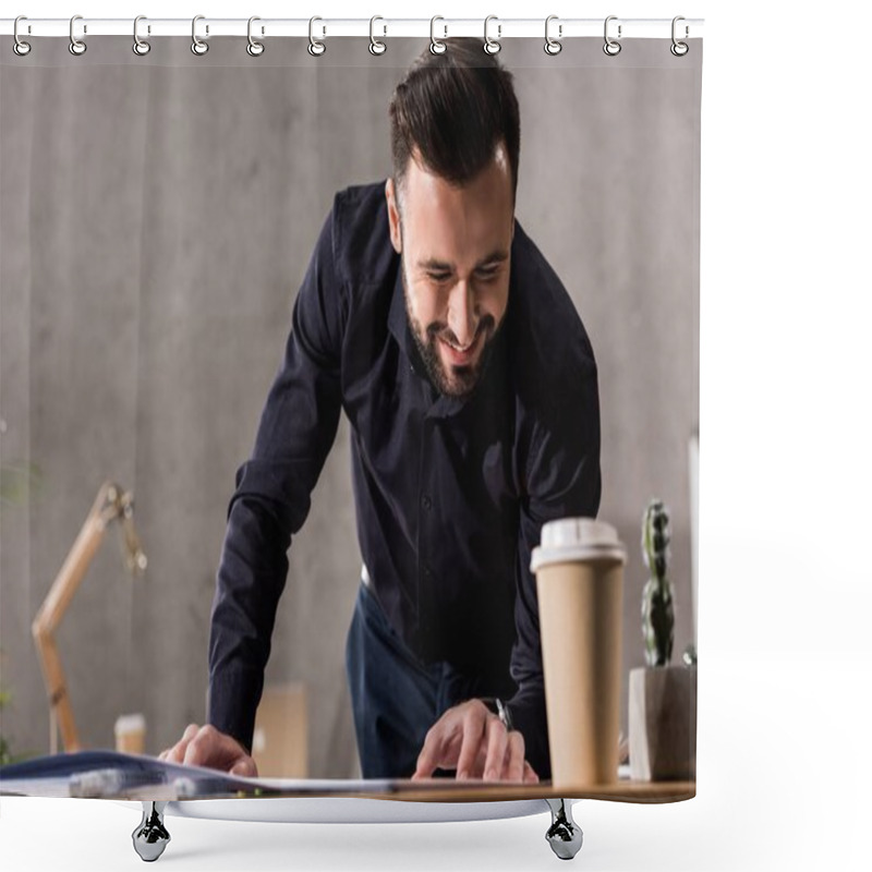 Personality  Smiling Architect Looking At Blueprints On Table Shower Curtains