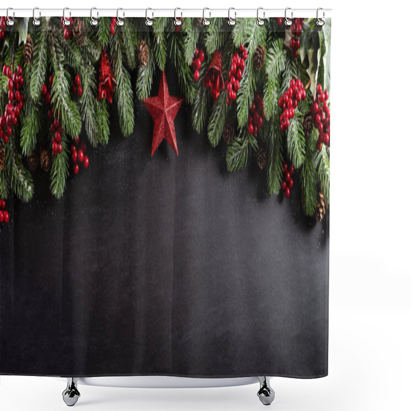 Personality  Christmas Background Decoration Concept. Top View Of Red Balls With Spruce Branches, Pine Cones, Red Berries And Bell On Black Wooden Background. Shower Curtains