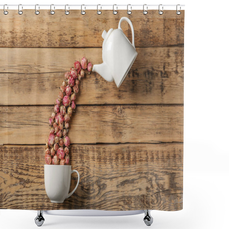 Personality  Flat Lay Composition With Teapot, Cup And Dried Roses On Wooden Background Shower Curtains