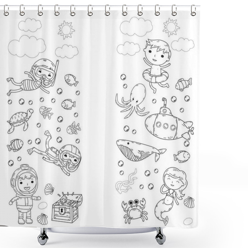 Personality  Underwater. Kids Waterpark. Sea And Ocean Adventure. Summertime. Kids Drawing. Doodle Image. Cartoon Creatures With Children. Boys And Girls Swimming Shower Curtains