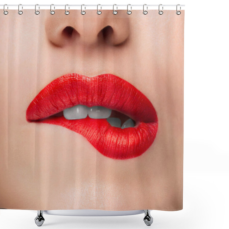 Personality  Close-up Beauty Portrait Model Big Sexy Lips, Mouth Open, White Teeth Bit Her Lower Lip, Seductive Lips Red. Macro Image Of Perfect Plump Lips. Beautiful Woman Bit Her Lip Passionately, White Teeth Shower Curtains