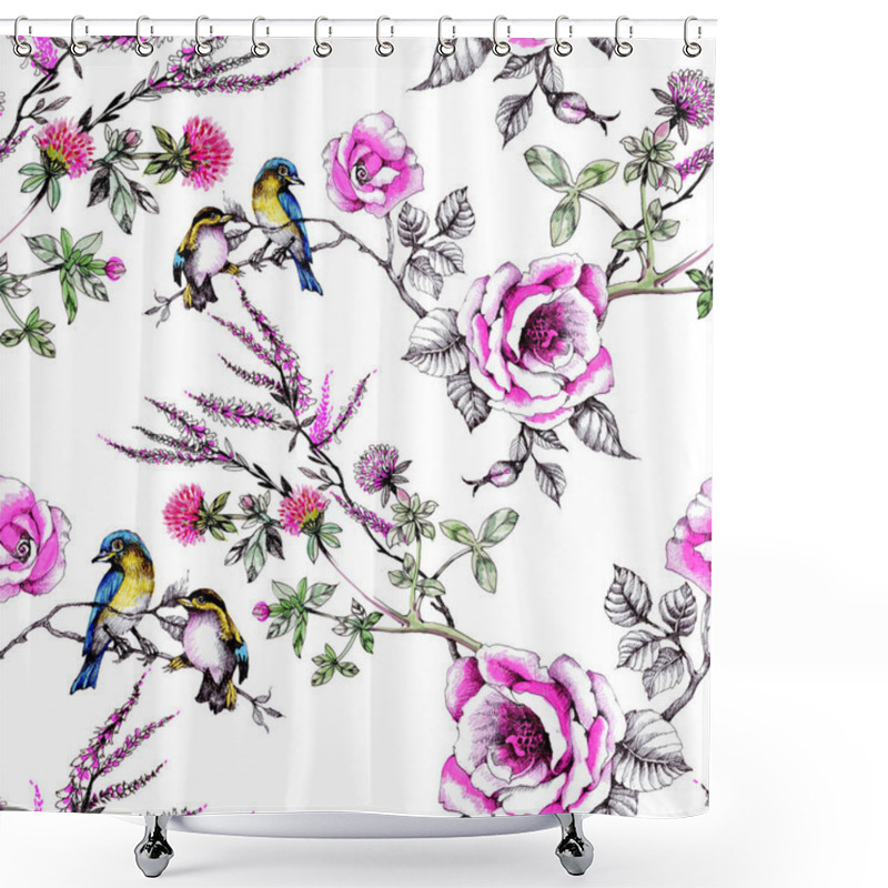 Personality  Birds On The Branches Of Wild Roses Shower Curtains