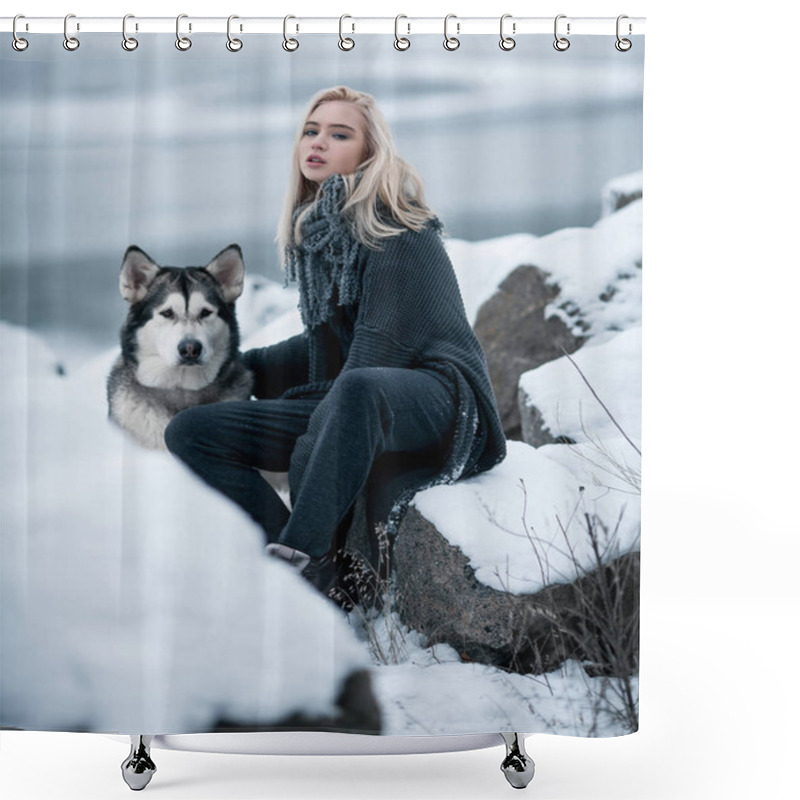 Personality  Girl With Dog Malamute Among Rocks In Winter.  Shower Curtains