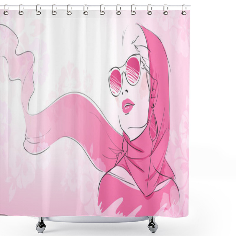 Personality  Elegant Young Girl Portrait With Red Scarf Shower Curtains