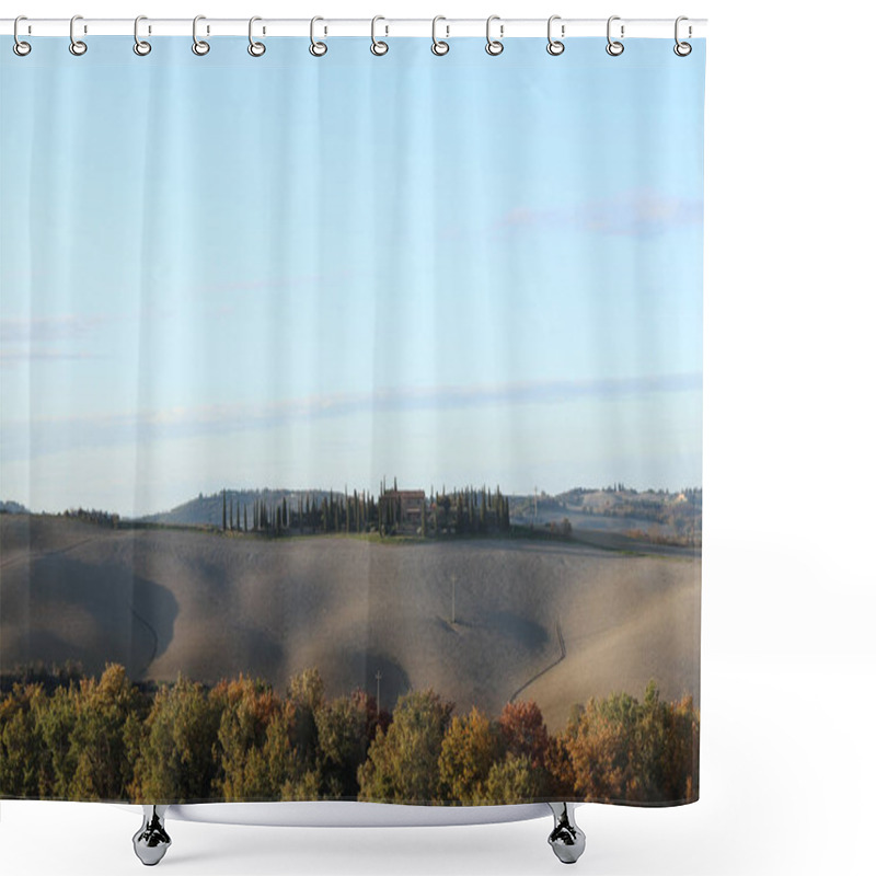 Personality  Tuscany, Italy - November 25, 2024: Scenic Tuscan Countryside With Rolling Hills, A Villa Surrounded By Cypress Trees, And Golden Autumn Foliage Under A Clear Sky At Sunset. Serene Rural Landscape. Shower Curtains