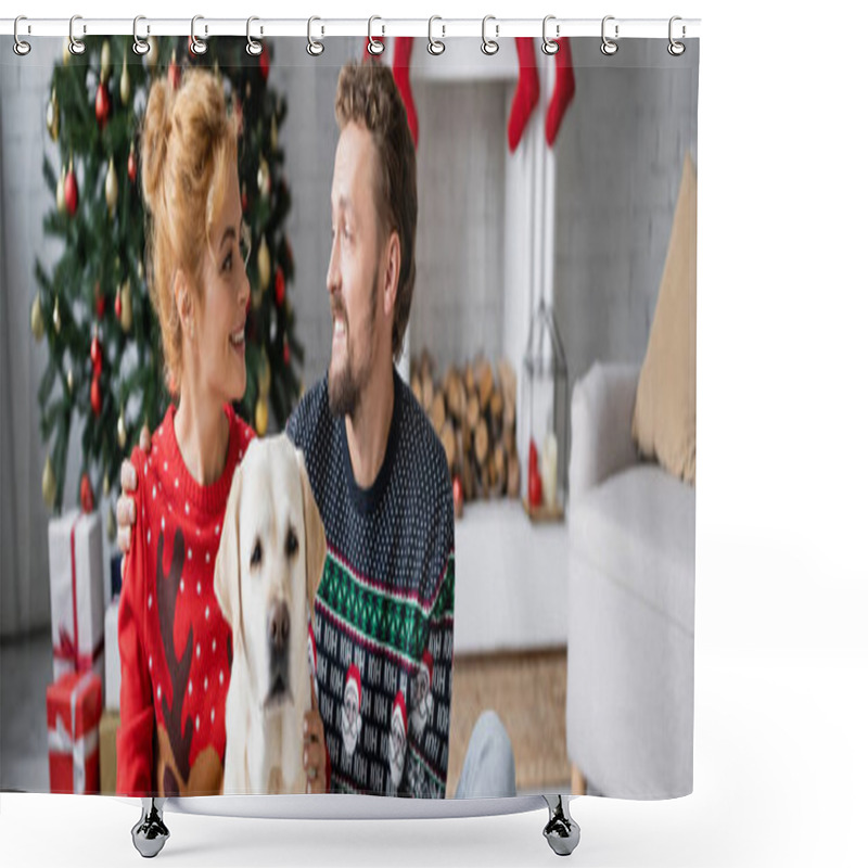 Personality  Couple In Sweaters Looking At Each Other Near Labrador At Home, Banner  Shower Curtains