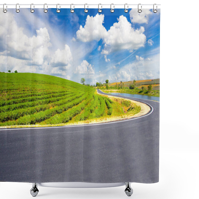 Personality  Choui Fong Tea Plantation And Road With Blue Sky At Mae Jan , Tourist Attraction At Chiang Rai Province In Thailand Shower Curtains