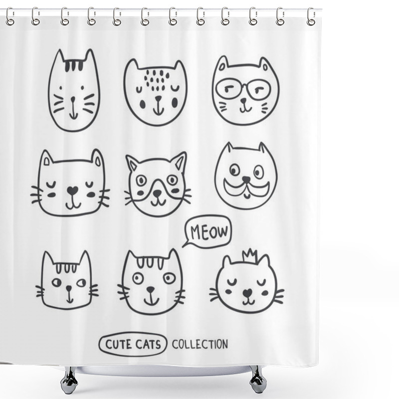 Personality  Funny Doodle Outline Cats Faces Collection Shower Curtains