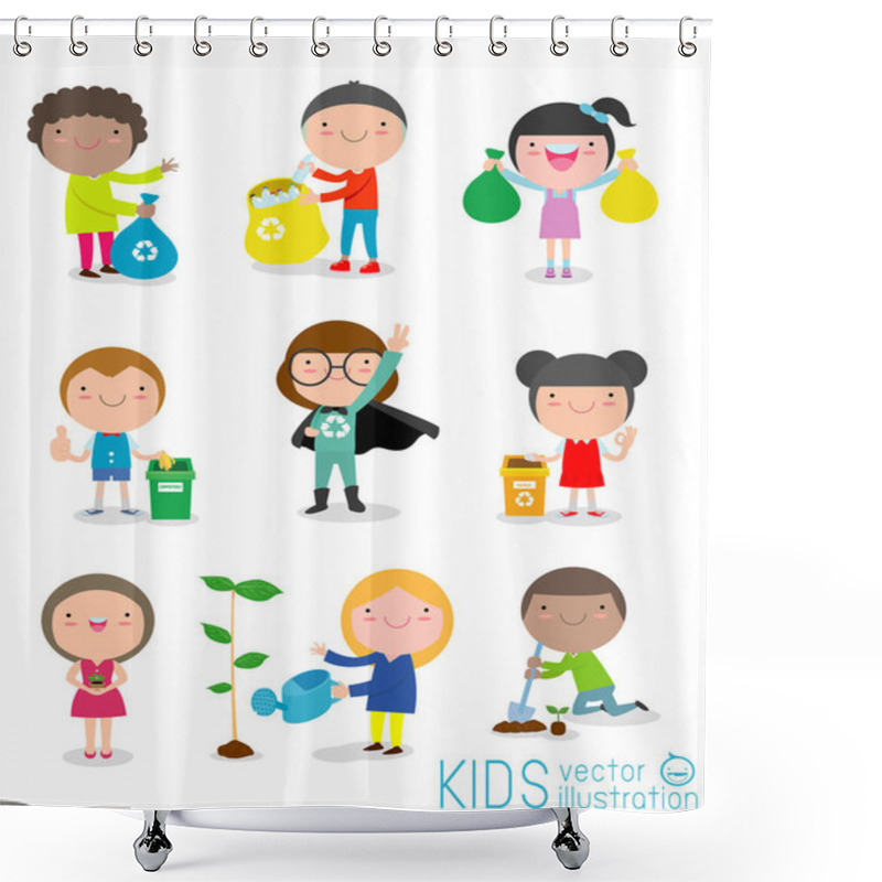 Personality  Cute Kids Volunteer. Children Collect Rubbish For Recycling. A Child Plants Trees. Isolated On White Background Shower Curtains