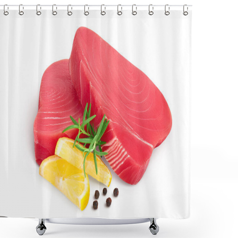 Personality  Fresh Tuna Fish Fillet Steak With Rosemary, Lemon And Peppercorns Isolated On White Background With Clipping Path And Full Depth Of Field Shower Curtains