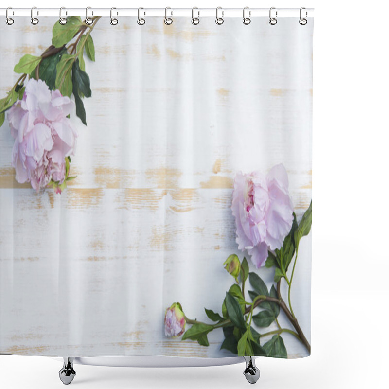 Personality  Pink Peonies On White Rustic Wooden Background Shower Curtains