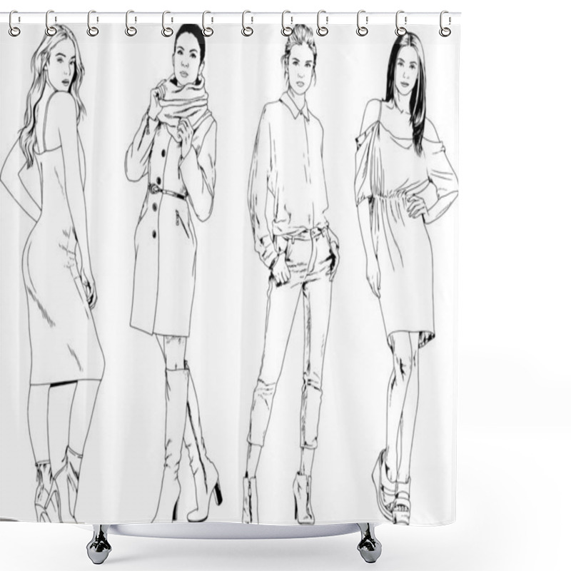 Personality  Beautiful Slim Girl In Casual Clothes, Drawn In Ink By Hand On A White Background Shower Curtains