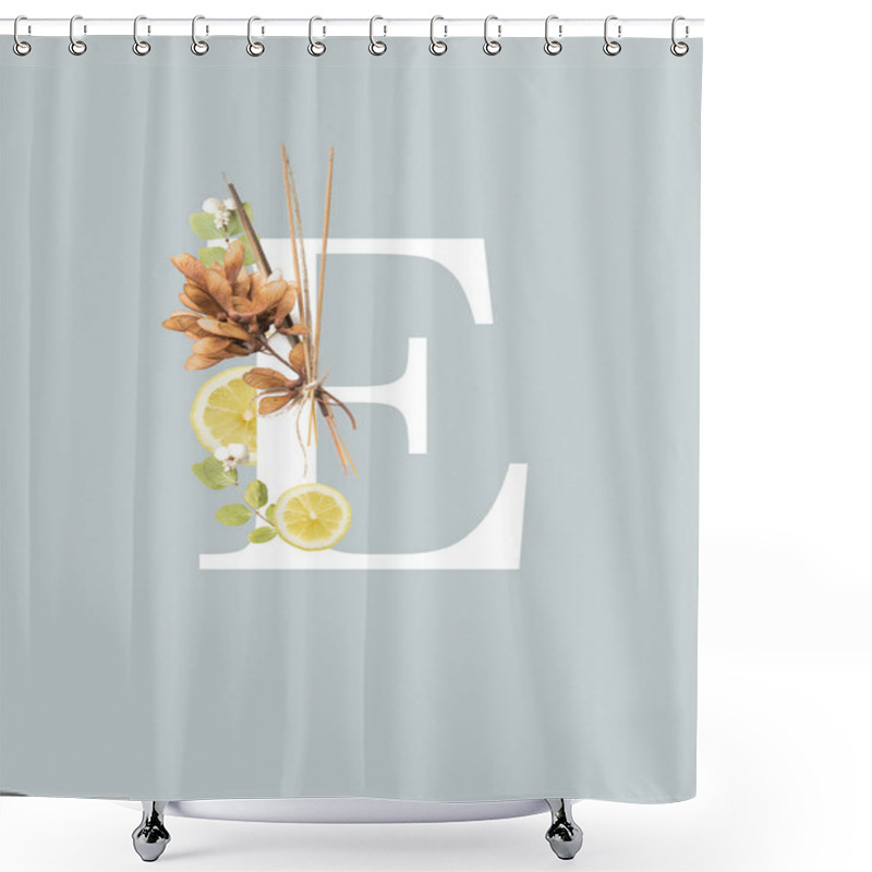 Personality  White Letter E With Dried Leaves And Lemon Slices Isolated On Grey Shower Curtains