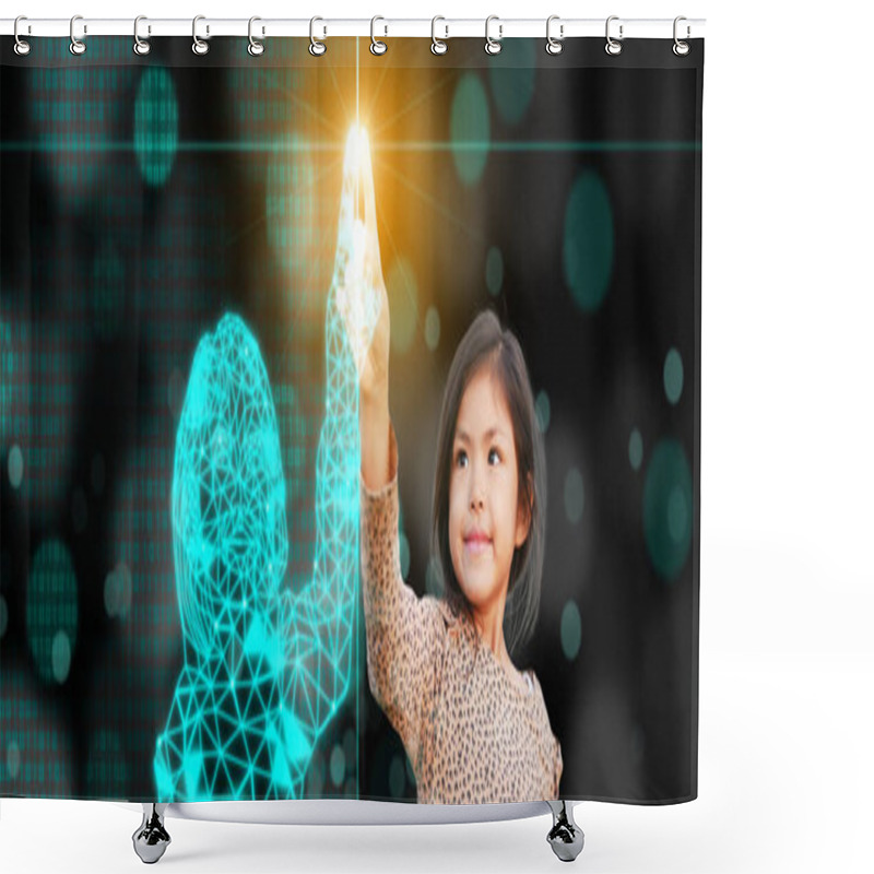 Personality  Digital Twins Concept. A Girls Finger Touches And Connects With Her Digital Finger To Activate Both The Physical And Digital Worlds With A Single Push. Business And Technology Simulation Modeling Shower Curtains