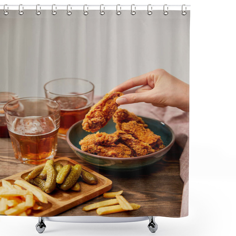 Personality  Cropped View Of Woman Eating Delicious Chicken Nuggets, French Fries And Gherkins Near Glasses Of Beer On Wooden Table Isolated On Grey Shower Curtains