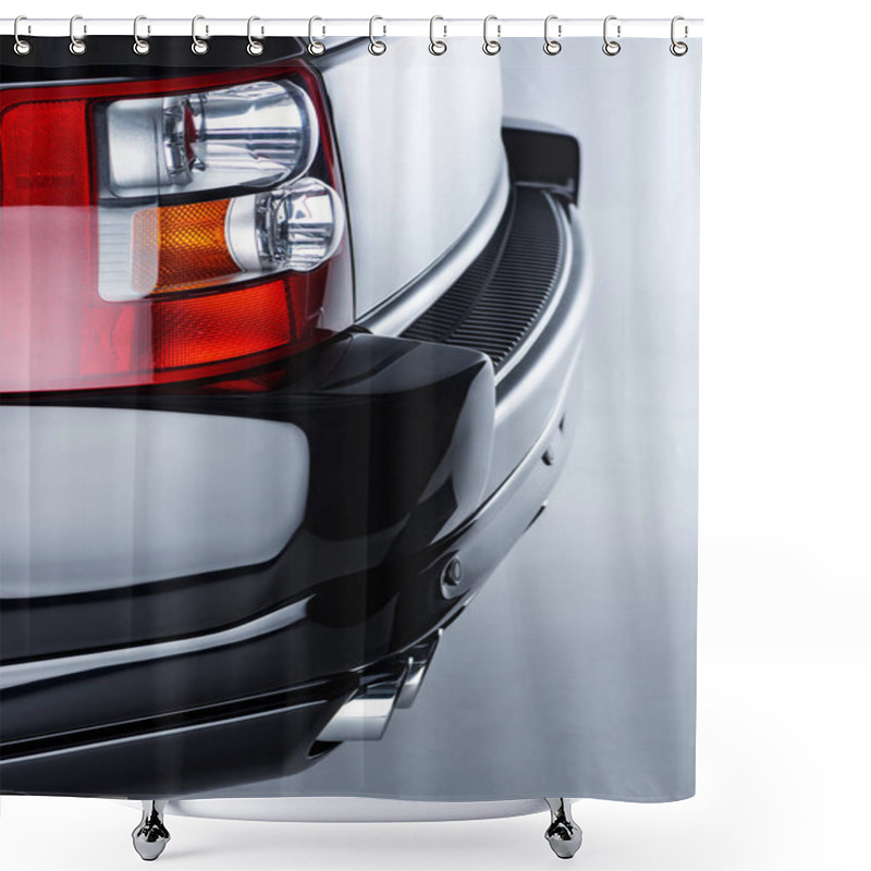 Personality  Close Up View Of Rear Headlight Of Luxury Black Car On Grey Backdrop Shower Curtains