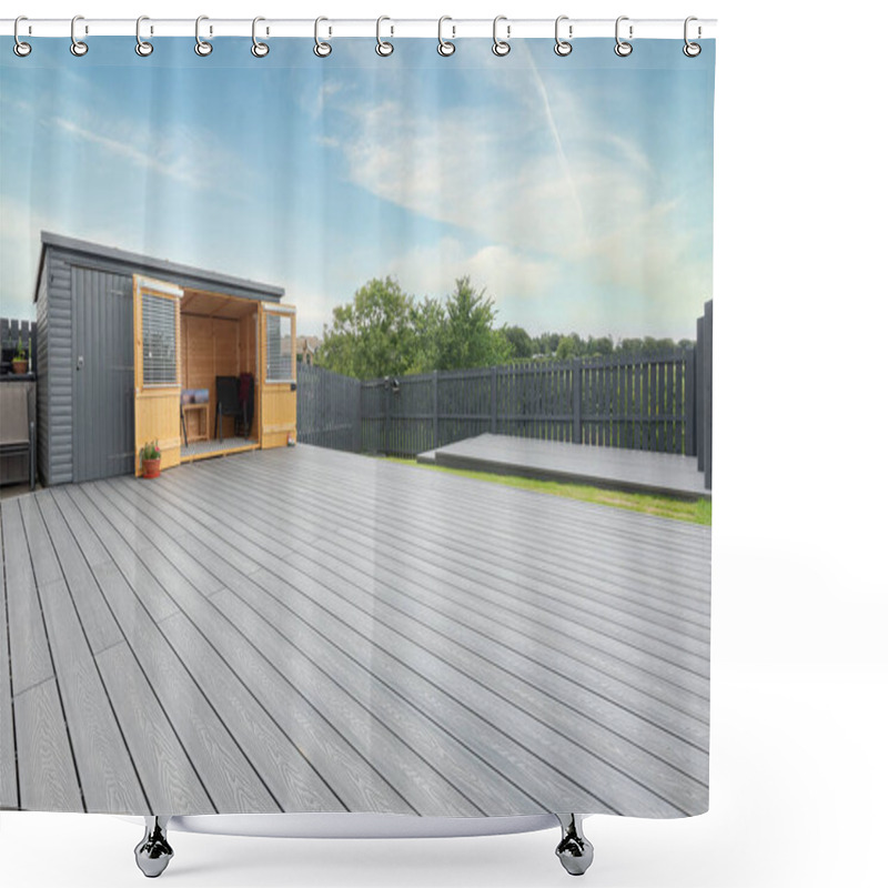 Personality  Ash Grey Composite Decking Built On Two Levels On A Residential Back Garden With Low Voltage Deck Lights Installed As Well. Good Image For A Landscape Gardiner Shower Curtains