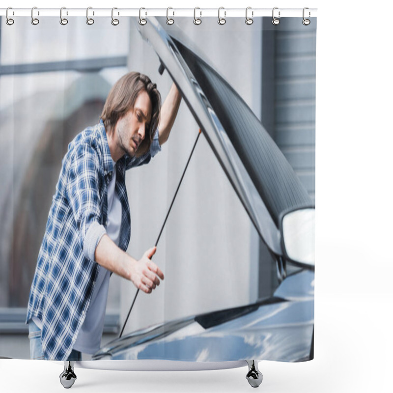 Personality  Handsome Man In Casual Clothes Standing Near Broken Auto With Open Trunk, Car Insurance Concept Shower Curtains