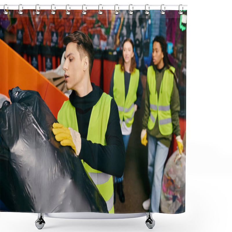 Personality  Young Volunteers In Yellow Vests And Gloves Collaborate To Sort Trash, Carrying A Black Bag. Shower Curtains