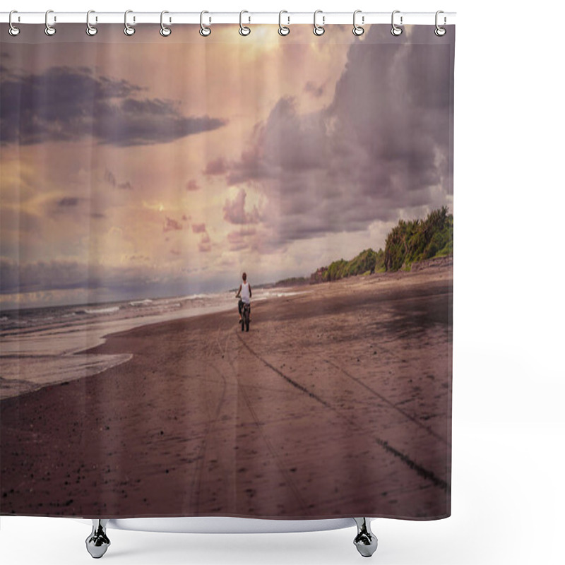 Personality  Back View Of Man Riding Motorcycle On Ocean Beach  Shower Curtains