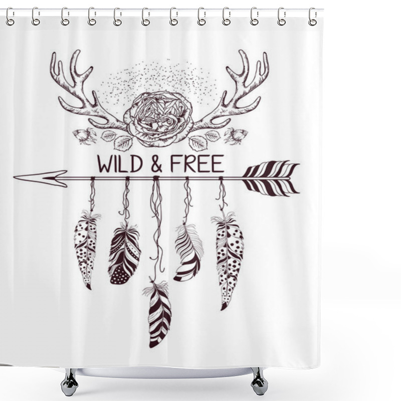 Personality  Hand Drawn Boho Style Design With Rose Flower, Arrow And Feathers. Shower Curtains