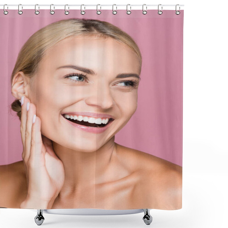 Personality  Smiling Beautiful Blonde Woman Touching Face Isolated On Pink Shower Curtains