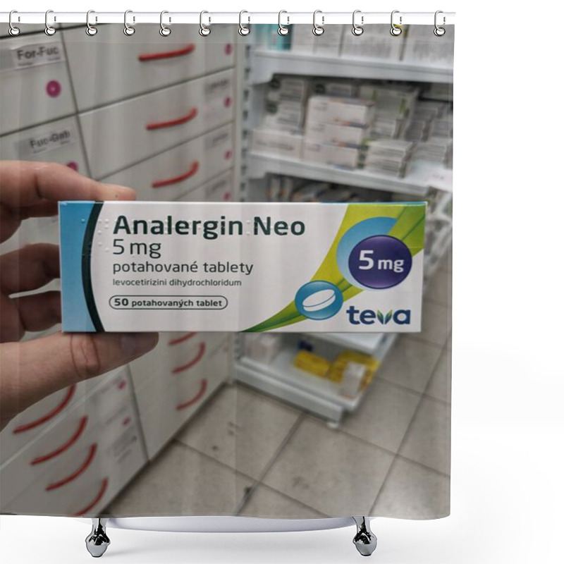 Personality  Prague, Czech Republic - July 10 2024: ANALERGIN NEO Box Of Medication With LEVOCETIRIZINE Active Substance By TEVA, Used For Treatment Of Allergic Rhinitis And Chronic Urticaria. Shower Curtains