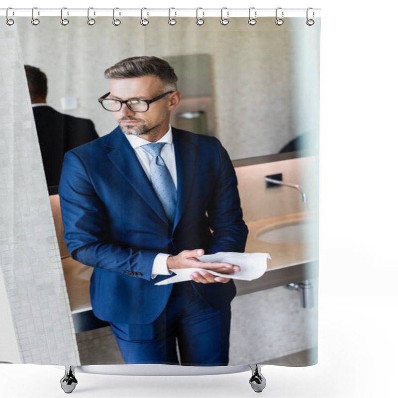 Personality  Handsome Businessman In Formal Wear And Glasses Wiping Hands  Shower Curtains