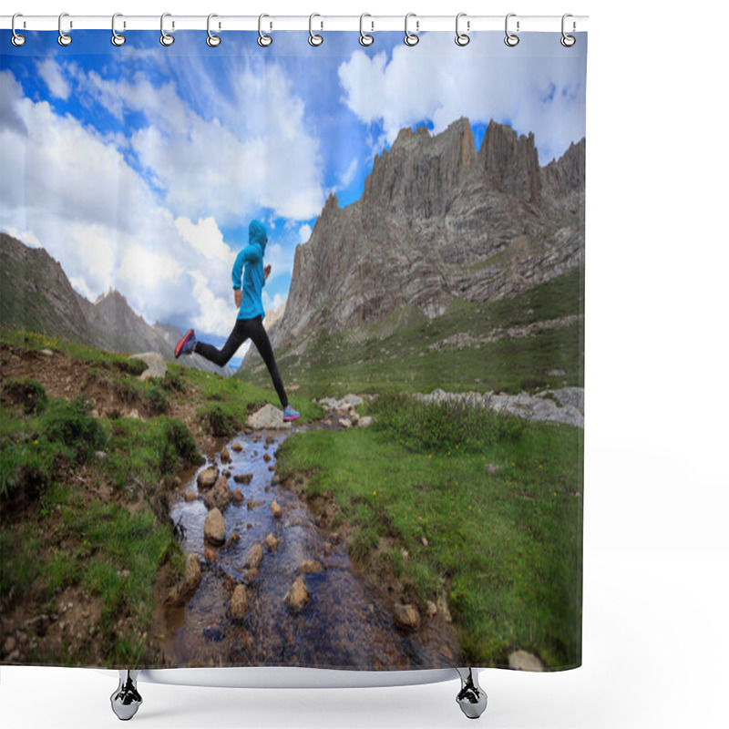 Personality  Young Woman Jumping Over Stream Shower Curtains